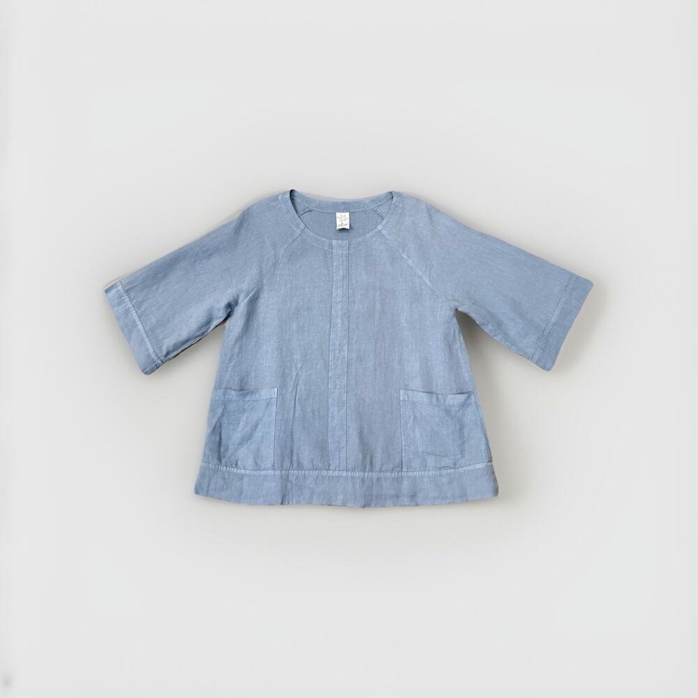 Match Point Tunic Top Blue Linen 3/4 Sleeve Scoop Neck L Lagenlook Oversized